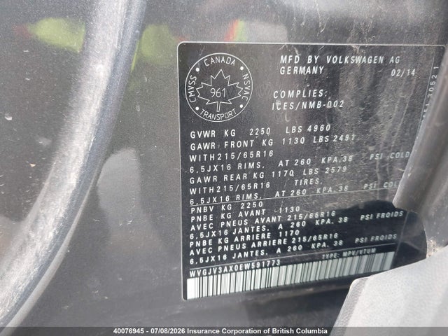 WVGJV3AX0EW591773 Volkswagen Tiguan S/se/sel/r-line