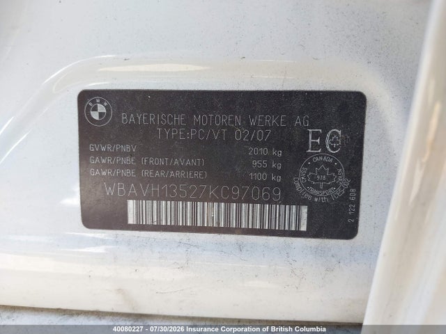 40080227 :رقم المزاد ، WBAVH13527KC97069 vin ، 2007 Bmw 323i مزاد بيع