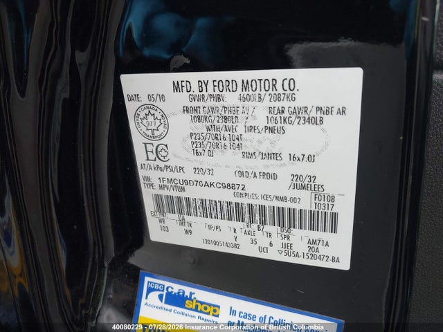 Aukcja sprzedaży 2010 Ford Escape Xlt Automatic, vin: 1FMCU9D70AKC98872, numer aukcji: 40080229