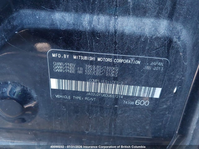 40080232 :رقم المزاد ، JA32U2FU6DU607214 vin ، 2013 Mitsubishi Lancer Es/es Sport مزاد بيع