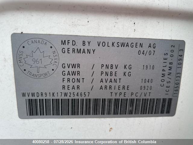 Продаж на аукціоні авто 2007 Volkswagen Rabbit, vin: WVWDR91K17W254657, номер лоту: 40080258