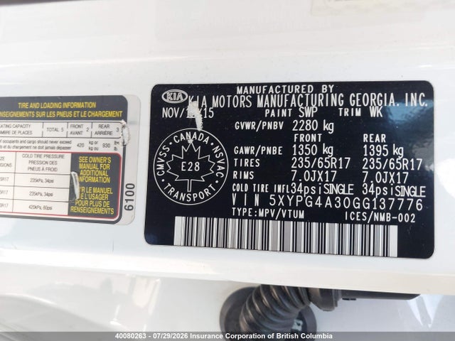 Aukcja sprzedaży 2016 Kia Sorento 2.4l Lx, vin: 5XYPG4A30GG137776, numer aukcji: 40080263