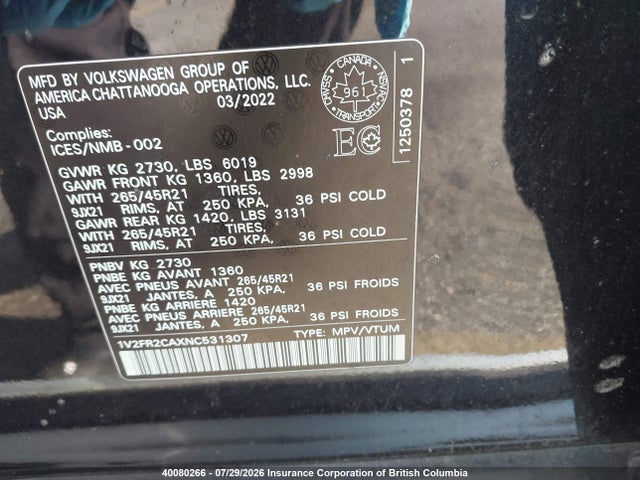 Volkswagen Atlas 2022 1V2FR2CAXNC531307 Image 9