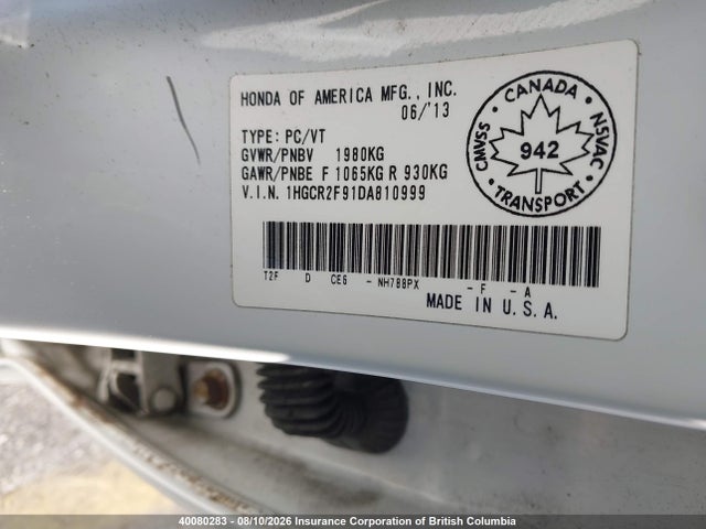 Aukcja sprzedaży 2013 Honda Accord Touring, vin: 1HGCR2F91DA810999, numer aukcji: 40080283