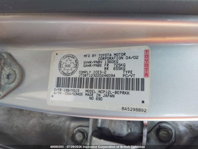 Продаж на аукціоні авто 2002 Toyota Echo, vin: JTDBT123220246094, номер лоту: 40080303