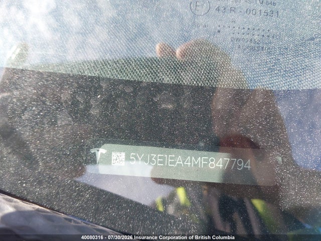 Продаж на аукціоні авто 2021 Tesla Model 3 Standard Range/standard Range Plus, vin: 5YJ3E1EA4MF847794, номер лоту: 40080316