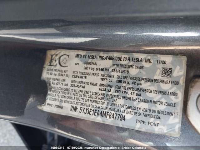 Продаж на аукціоні авто 2021 Tesla Model 3 Standard Range/standard Range Plus, vin: 5YJ3E1EA4MF847794, номер лоту: 40080316