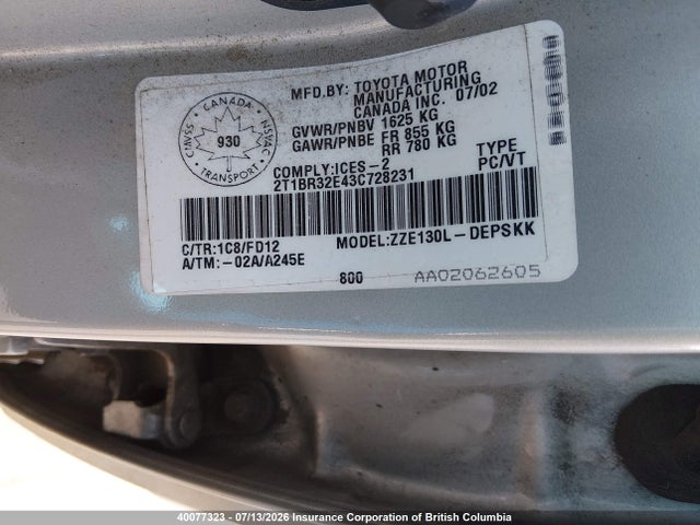 40077323 :رقم المزاد ، 2T1BR32E43C728231 vin ، 2003 Toyota Corolla Ce/le/s مزاد بيع