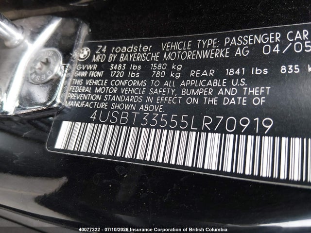 40077322 :رقم المزاد ، 4USBT33555LR70919 vin ، 2005 Bmw Z4 2.5 مزاد بيع