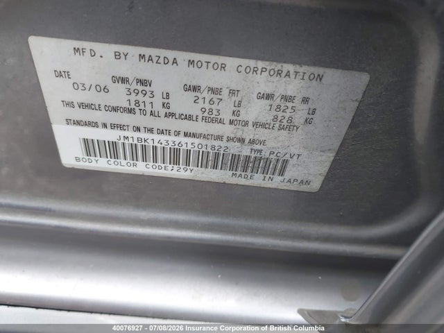 Aukcja sprzedaży 2006 Mazda 3 Hatchback, vin: JM1BK143361501822, numer aukcji: 40076927
