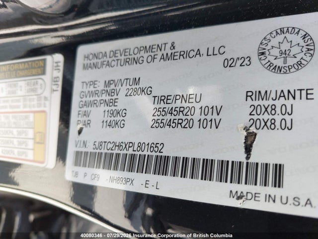 40080346 :رقم المزاد ، 5J8TC2H6XPL801652 vin ، 2023 Acura Rdx مزاد بيع