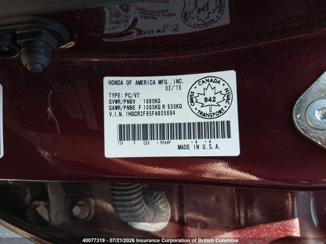 2015 Honda Accord Touring მანქანა იყიდება აუქციონზე, vin: 1HGCR2F95FA805694, აუქციონის ნომერი: 40077319