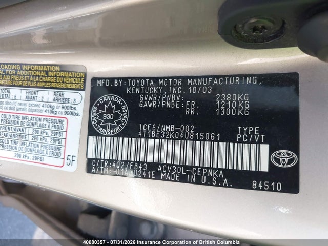 40080357 :رقم المزاد ، 4T1BE32K04U815061 vin ، 2004 Toyota Camry مزاد بيع