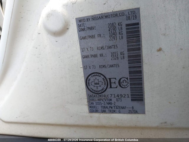 40080359 :رقم المزاد ، 5N1AT2MT4LC714921 vin ، 2020 Nissan Rogue مزاد بيع
