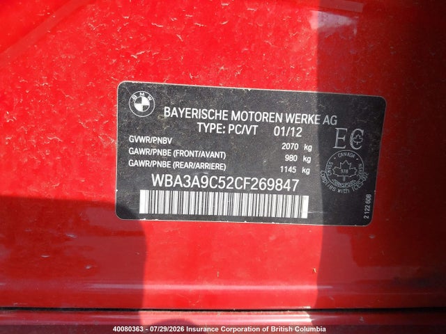 Продажа на аукционе авто 2012 Bmw 3-series, vin: WBA3A9C52CF269847, номер лота: 40080363