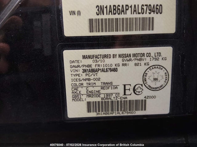 Aukcja sprzedaży 2010 Nissan Sentra 2.0/2.0s/sr/2.0sl, vin: 3N1AB6AP1AL679460, numer aukcji: 40076040