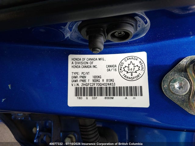 Продажа на аукционе авто 2016 Honda Civic Ex, vin: 2HGFC2F70GH024453, номер лота: 40077332