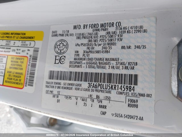 Ford FUSION SE 2019 3FA6P0LU5KR145984 Image 9