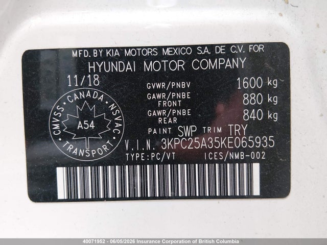 40071952 :رقم المزاد ، 3KPC25A35KE065935 vin ، 2019 Hyundai Accent Se/sel مزاد بيع