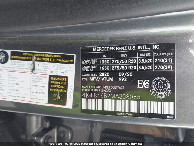40077395 :رقم المزاد ، 4JGFB4KB2MA308065 vin ، 2021 Mercedes-benz Gle 350 4matic مزاد بيع