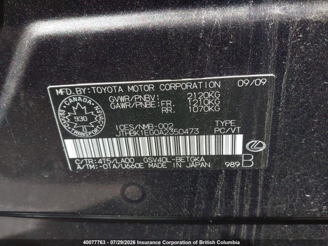 Aukcja sprzedaży 2010 Lexus Es 350 350, vin: JTHBK1EG0A2350473, numer aukcji: 40077763