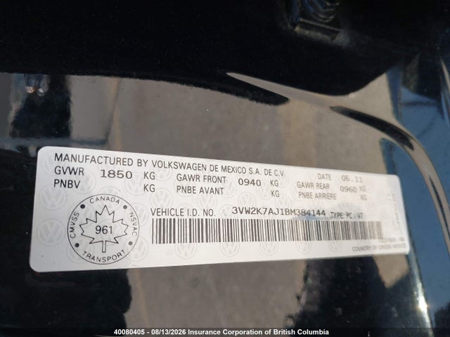 Продажа на аукционе авто 2011 Volkswagen Jetta, vin: 3VW2K7AJ1BM384144, номер лота: 40080405