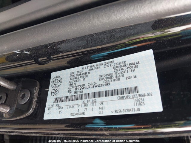 40080409 :رقم المزاد ، 1FTVW3LK0SWG25193 vin ، 2025 Ford F150 مزاد بيع