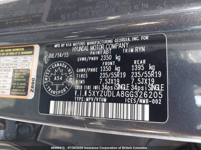 40080413 :رقم المزاد ، 5XYZUDLA8GG326205 vin ، 2016 Hyundai Santa Fe Sport مزاد بيع