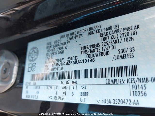 Aukcja sprzedaży 2021 Ford Escape Se, vin: 1FMCU0BZ8MUA10198, numer aukcji: 40080428
