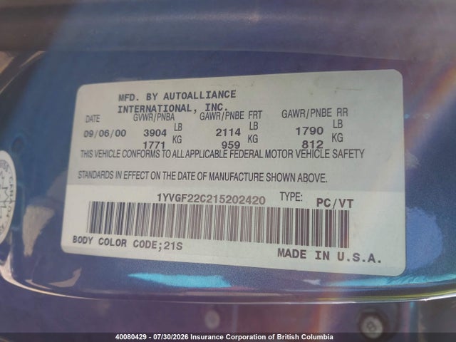 Продаж на аукціоні авто 2001 Mazda 626, vin: 1YVGF22C215202420, номер лоту: 40080429