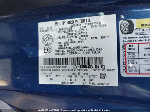 2008 Ford Mustang მანქანა იყიდება აუქციონზე, vin: 1ZVHT80N485184102, აუქციონის ნომერი: 40076526