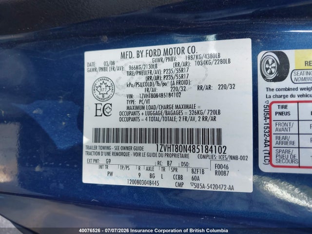 2008 Ford Mustang მანქანა იყიდება აუქციონზე, vin: 1ZVHT80N485184102, აუქციონის ნომერი: 40076526