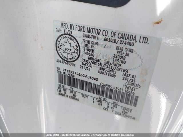 Продажа на аукционе авто 2003 Ford F150, vin: 2FTRX17263CA36045, номер лота: 40075948