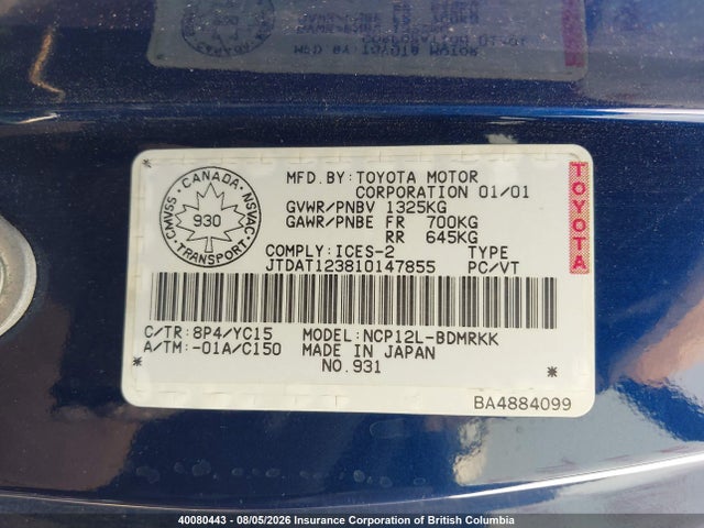 Aukcja sprzedaży 2001 Toyota Echo, vin: JTDAT123810147855, numer aukcji: 40080443