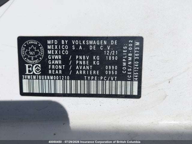 Продаж на аукціоні авто 2022 Volkswagen Jetta, vin: 3VWEM7BU8NM001210, номер лоту: 40080450