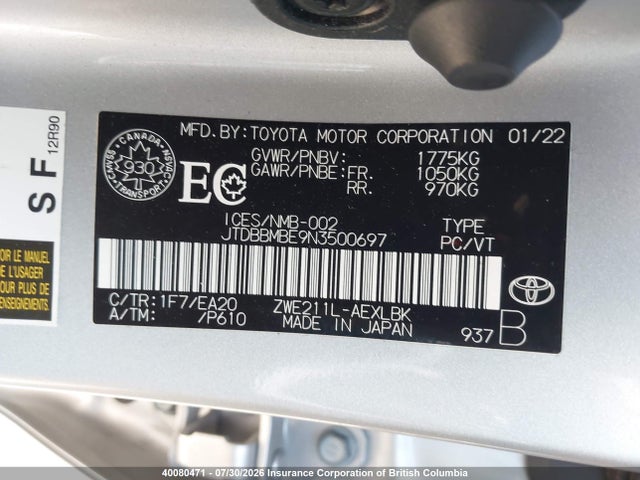 Toyota Corolla 2022 JTDBBMBE9N3500697 Image 9
