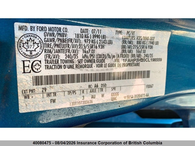40080475 :رقم المزاد ، 1FAHP3H20CL198559 vin ، 2012 Ford Focus مزاد بيع