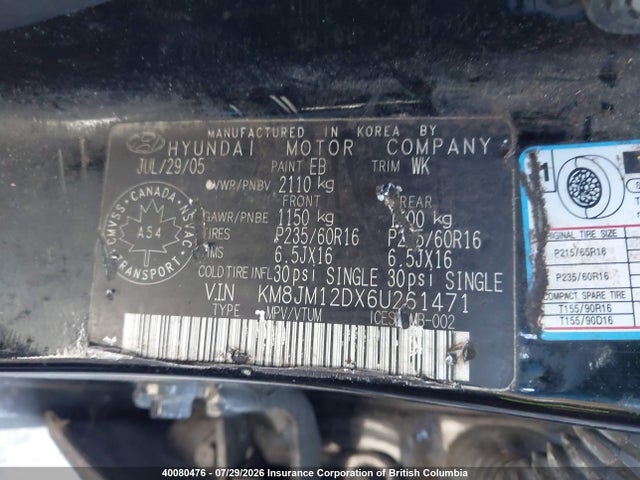 Продажа на аукционе авто 2006 Hyundai Tucson Gl V6, vin: KM8JM12DX6U261471, номер лота: 40080476