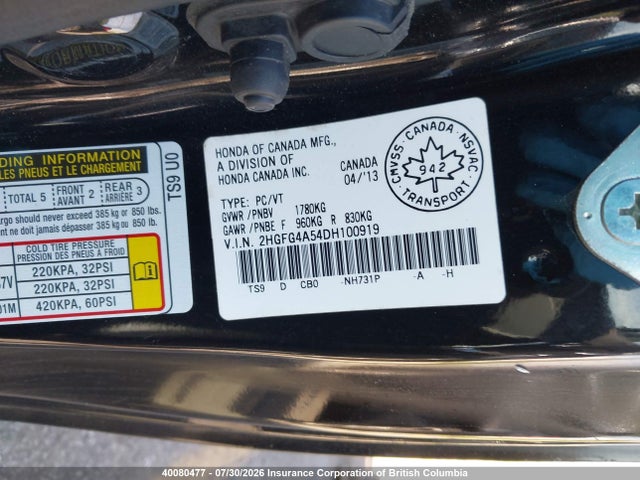 40080477 :رقم المزاد ، 2HGFG4A54DH100919 vin ، 2013 Honda Civic مزاد بيع
