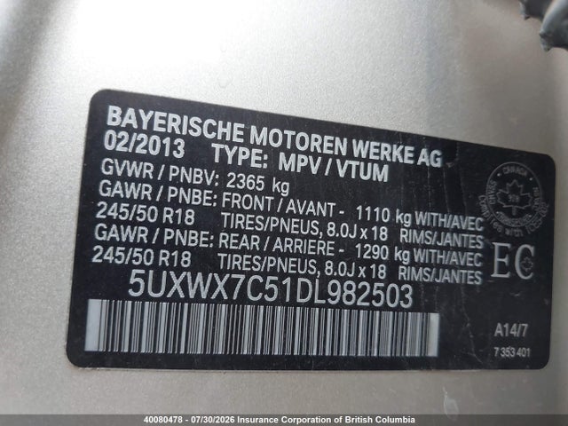 Продаж на аукціоні авто 2013 Bmw X3, vin: 5UXWX7C51DL982503, номер лоту: 40080478