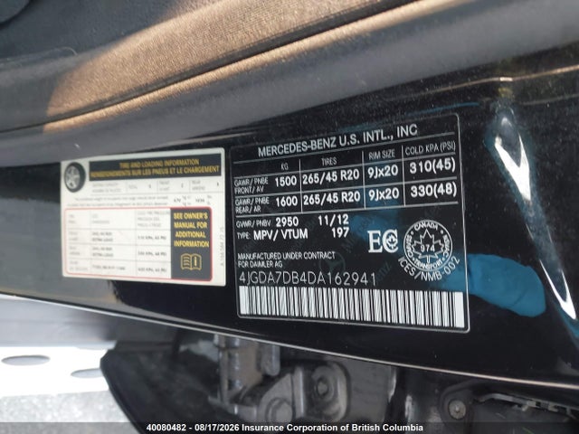 Продаж на аукціоні авто 2013 Mercedes-benz Ml 550 4matic, vin: 4JGDA7DB4DA162941, номер лоту: 40080482