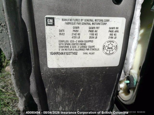 Продаж на аукціоні авто 2001 Buick Lesabre Limited, vin: 1G4HR54K41U277452, номер лоту: 40080494