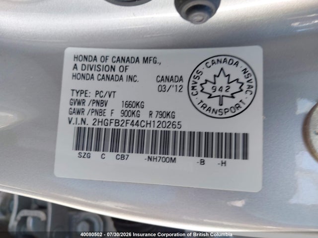 40080502 :رقم المزاد ، 2HGFB2F44CH120265 vin ، 2012 Honda Civic مزاد بيع