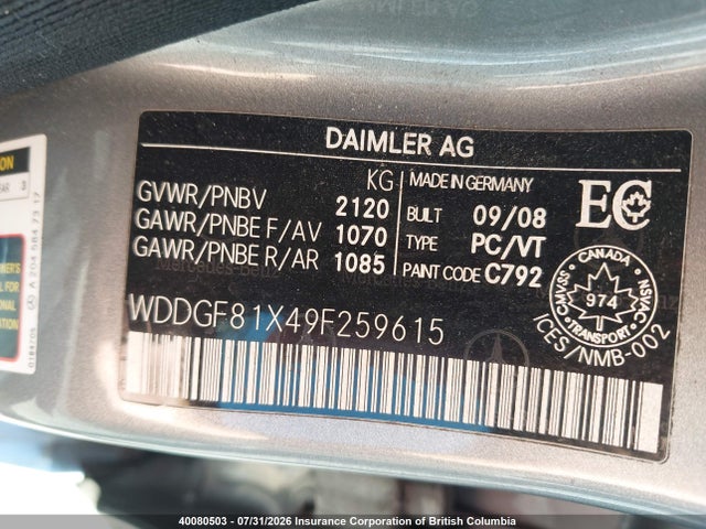 2009 Mercedes-benz C 300 4matic მანქანა იყიდება აუქციონზე, vin: WDDGF81X49F259615, აუქციონის ნომერი: 40080503