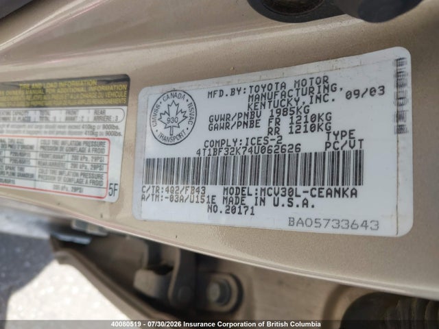 Продаж на аукціоні авто 2004 Toyota Camry, vin: 4T1BF32K74U062626, номер лоту: 40080519