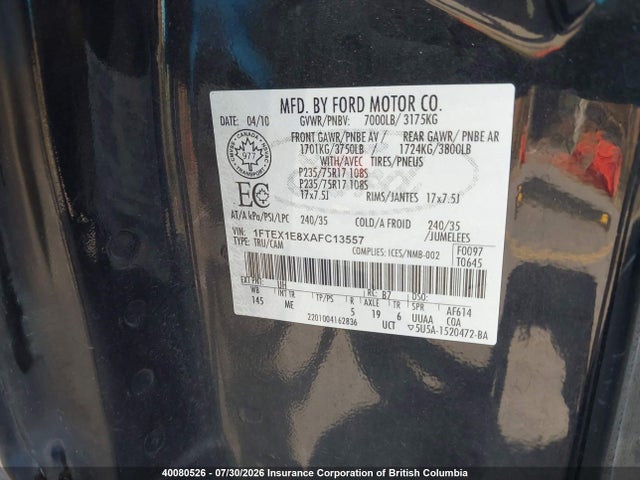 Продажа на аукционе авто 2010 Ford F150, vin: 1FTEX1E8XAFC13557, номер лота: 40080526