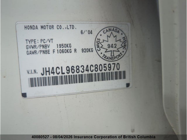 Продаж на аукціоні авто 2004 Acura Tsx, vin: JH4CL96834C805970, номер лоту: 40080527