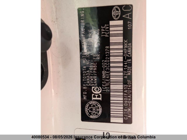 40080534 :رقم المزاد ، 2T1LE4EE3CC021378 vin ، 2012 Toyota Matrix مزاد بيع