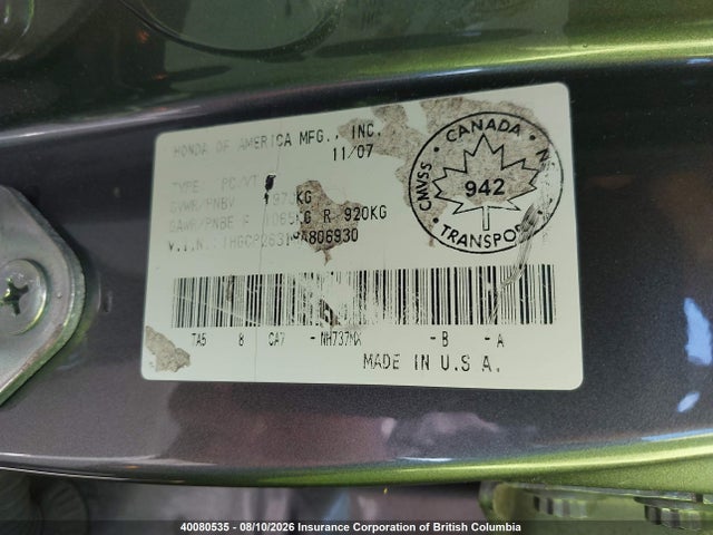 Aukcja sprzedaży 2008 Honda Accord Lx, vin: 1HGCP26318A806930, numer aukcji: 40080535