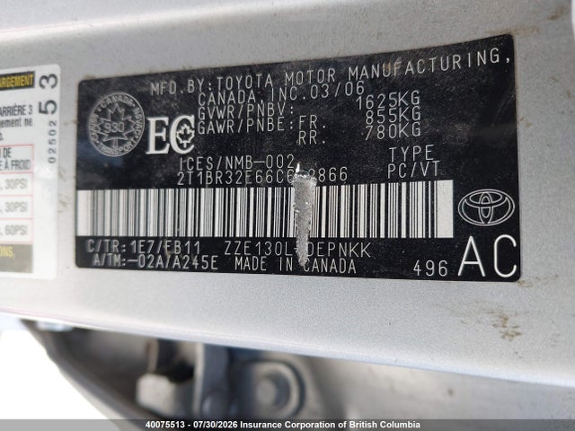 Продаж на аукціоні авто 2006 Toyota Corolla Ce/le/s, vin: 2T1BR32E66C662866, номер лоту: 40075513